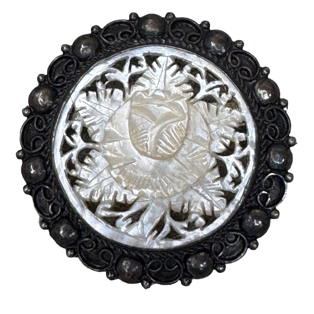 Vintage Jerusalem Mother Of Pearl Filigree Silver Brooch Pin Star 10g Art Deco